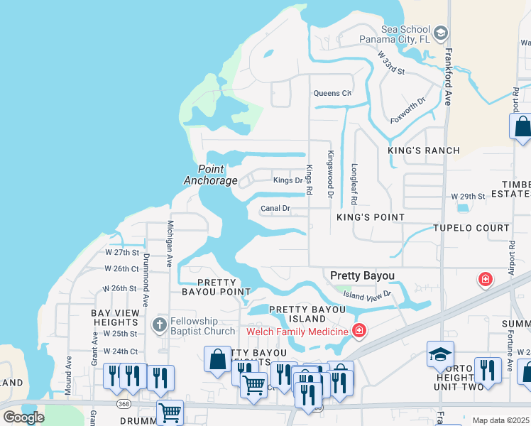 map of restaurants, bars, coffee shops, grocery stores, and more near 2901 Canal Drive in Panama City