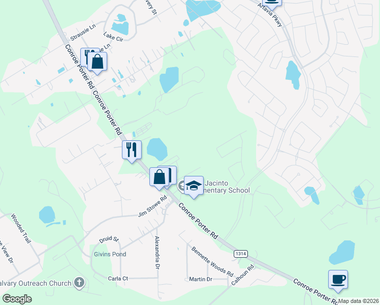 map of restaurants, bars, coffee shops, grocery stores, and more near 17385 Farm to Market Road 1314 in Conroe
