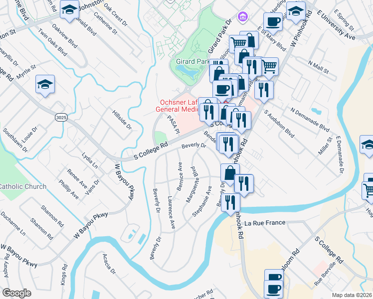 map of restaurants, bars, coffee shops, grocery stores, and more near 802 Beverly Drive in Lafayette