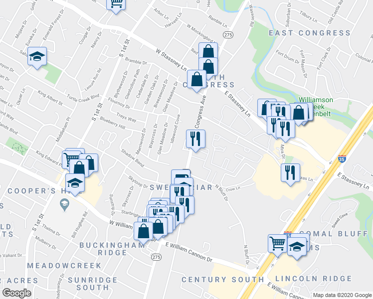 map of restaurants, bars, coffee shops, grocery stores, and more near 6000 South Congress Avenue in Austin