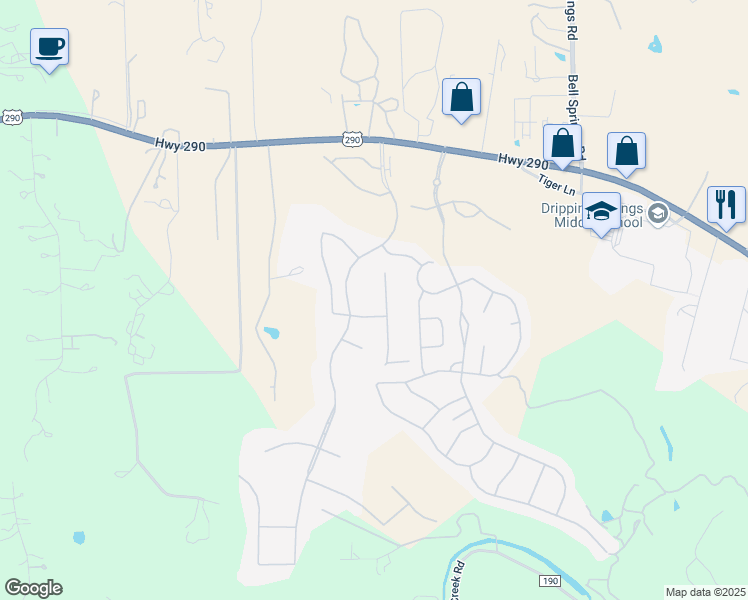 map of restaurants, bars, coffee shops, grocery stores, and more near 201 Dally Court in Dripping Springs