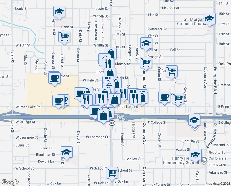 map of restaurants, bars, coffee shops, grocery stores, and more near 3113 Ryan Street in Lake Charles