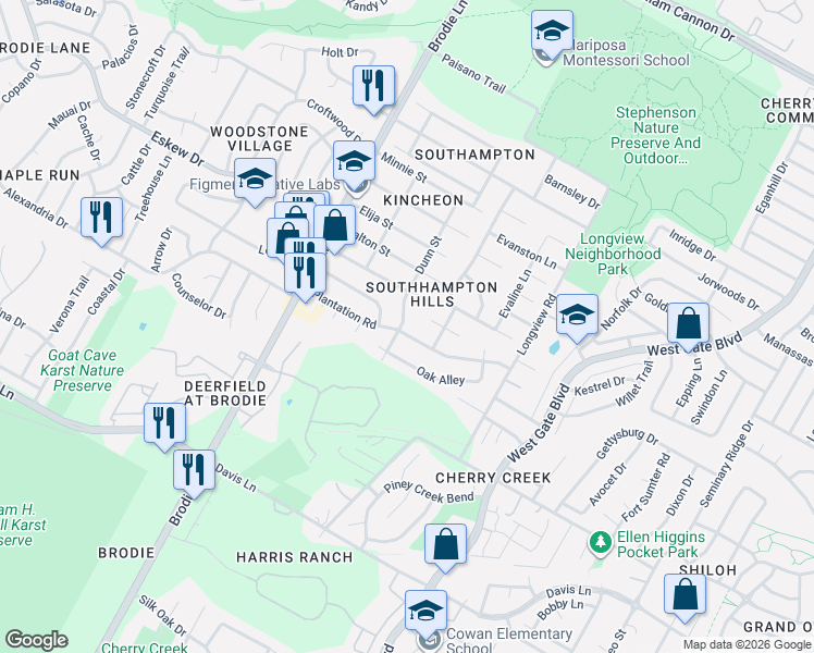 map of restaurants, bars, coffee shops, grocery stores, and more near 3311 Plantation Road in Austin
