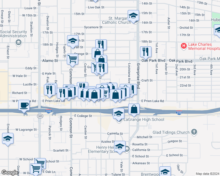 map of restaurants, bars, coffee shops, grocery stores, and more near 3120 Reidway Street in Lake Charles