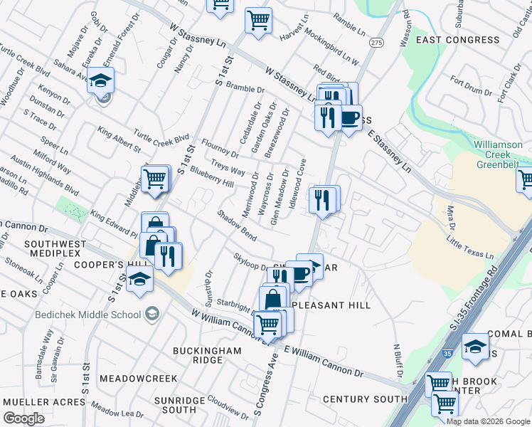 map of restaurants, bars, coffee shops, grocery stores, and more near 6213 Idlewood Cove in Austin