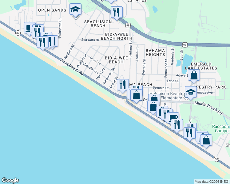 map of restaurants, bars, coffee shops, grocery stores, and more near in Panama City Beach