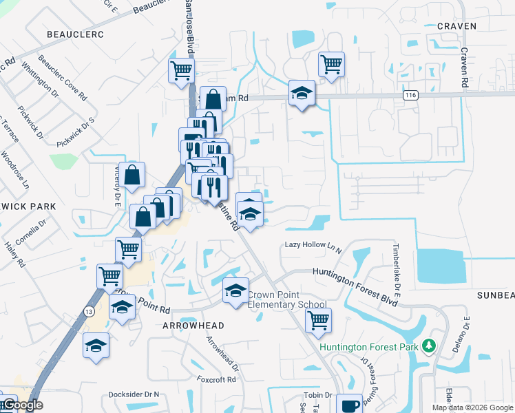 map of restaurants, bars, coffee shops, grocery stores, and more near 3900 Laurelwood Drive in Jacksonville