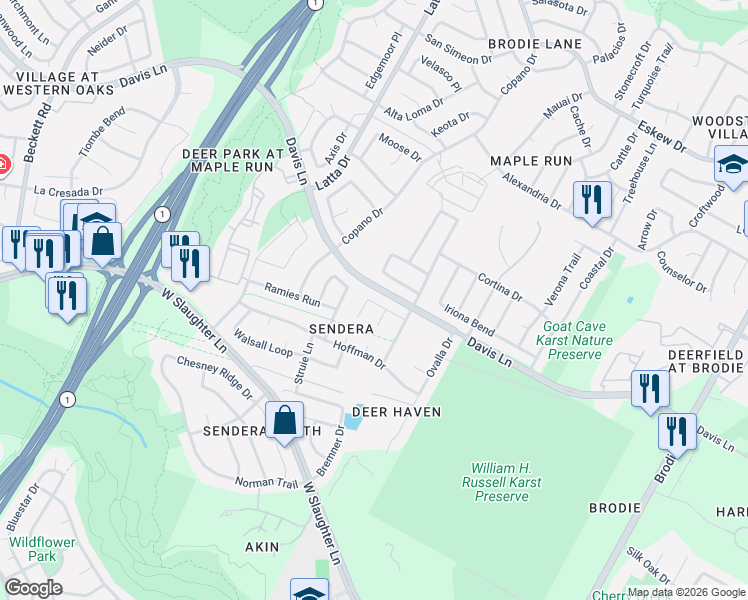 map of restaurants, bars, coffee shops, grocery stores, and more near 8900 Campo Verde Court in Austin