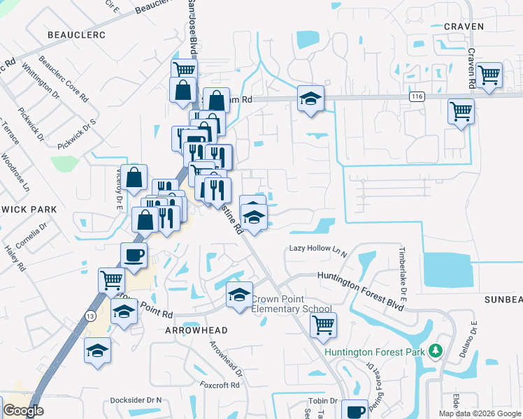 map of restaurants, bars, coffee shops, grocery stores, and more near 3900 Laurelwood Drive in Jacksonville