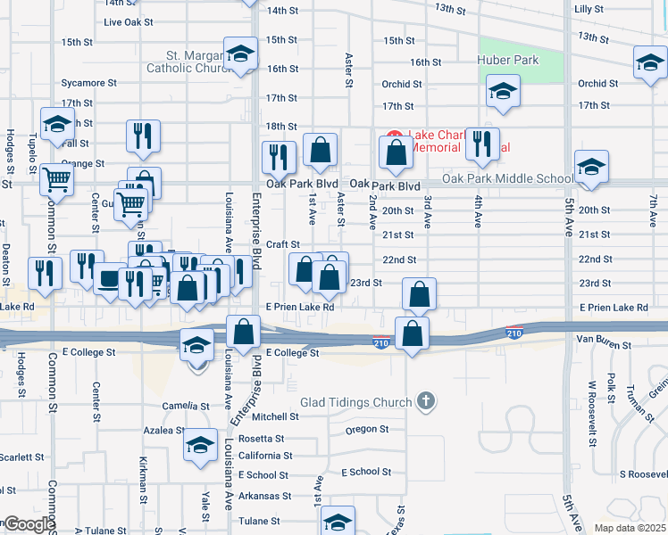 map of restaurants, bars, coffee shops, grocery stores, and more near 3201 1st Avenue in Lake Charles
