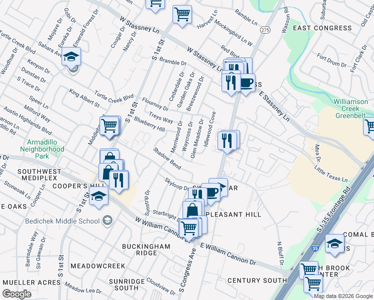 map of restaurants, bars, coffee shops, grocery stores, and more near 6213 Idlewood Cove in Austin