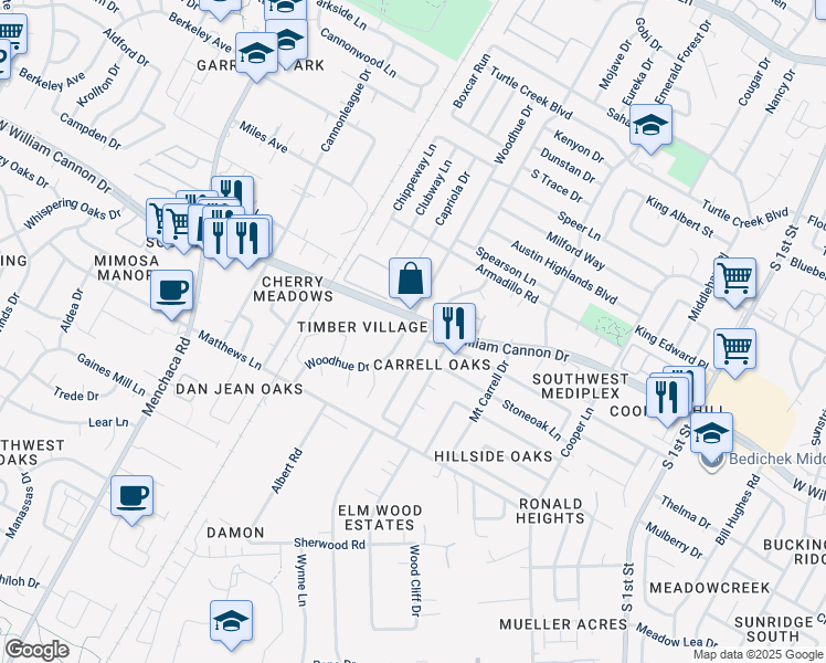 map of restaurants, bars, coffee shops, grocery stores, and more near 6806 Windrift Way in Austin