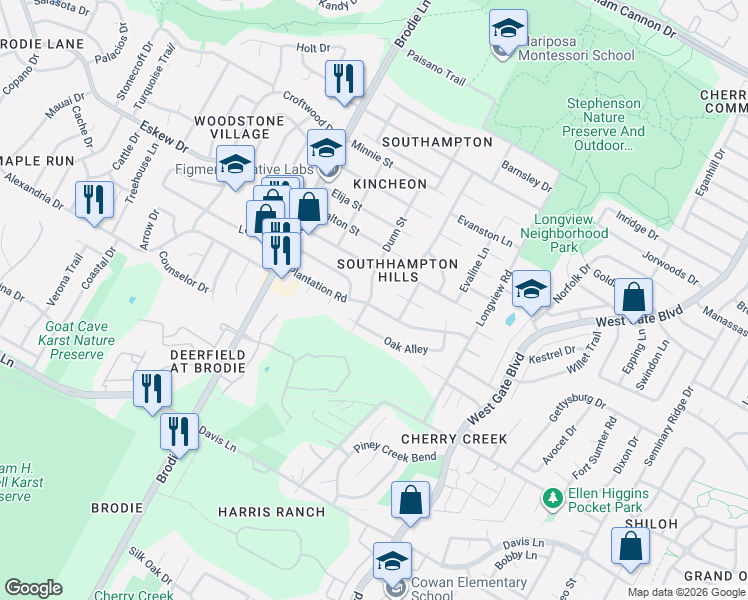 map of restaurants, bars, coffee shops, grocery stores, and more near 3311 Plantation Road in Austin