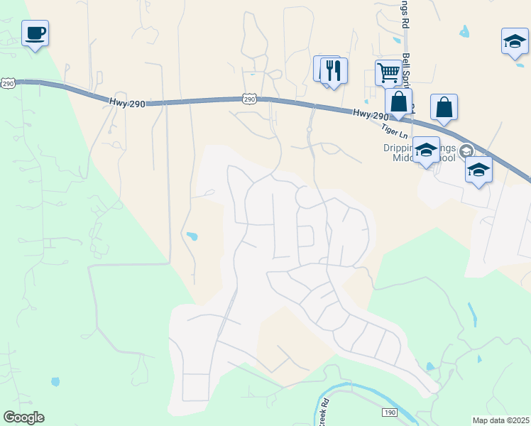 map of restaurants, bars, coffee shops, grocery stores, and more near 201 Dally Court in Dripping Springs