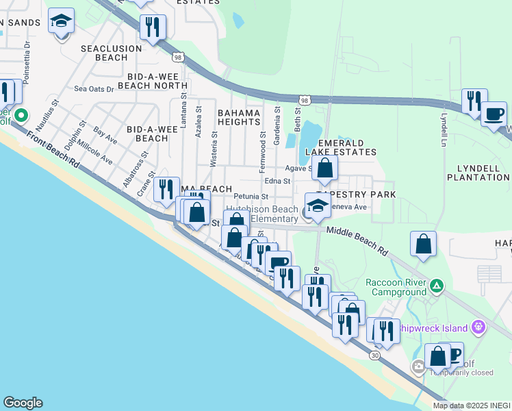 map of restaurants, bars, coffee shops, grocery stores, and more near 505 Evergreen Street in Panama City Beach