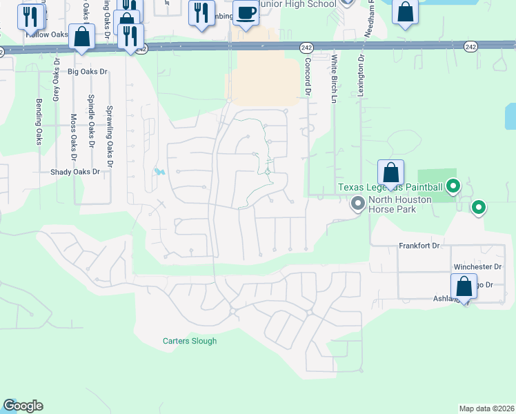 map of restaurants, bars, coffee shops, grocery stores, and more near 10101 South Goshawk Trail in Conroe