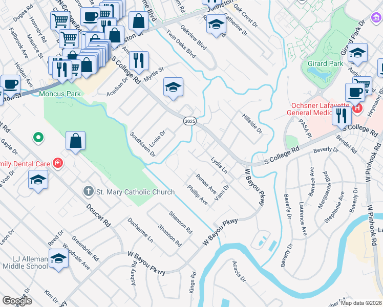 map of restaurants, bars, coffee shops, grocery stores, and more near 11 Grandmere Circle in Lafayette