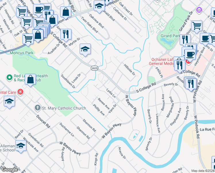 map of restaurants, bars, coffee shops, grocery stores, and more near 220 Lydia Lane in Lafayette