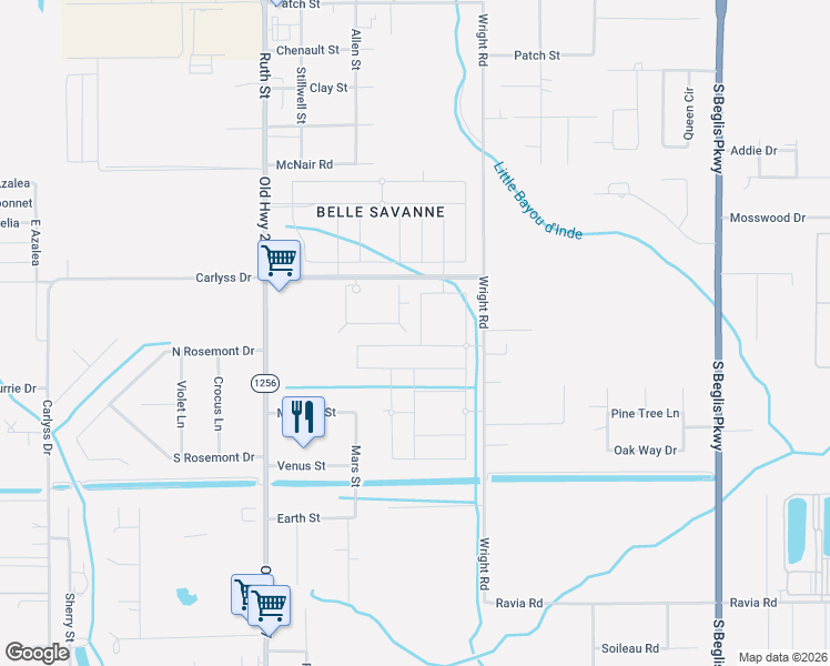 map of restaurants, bars, coffee shops, grocery stores, and more near 239 Aston Lane in Sulphur