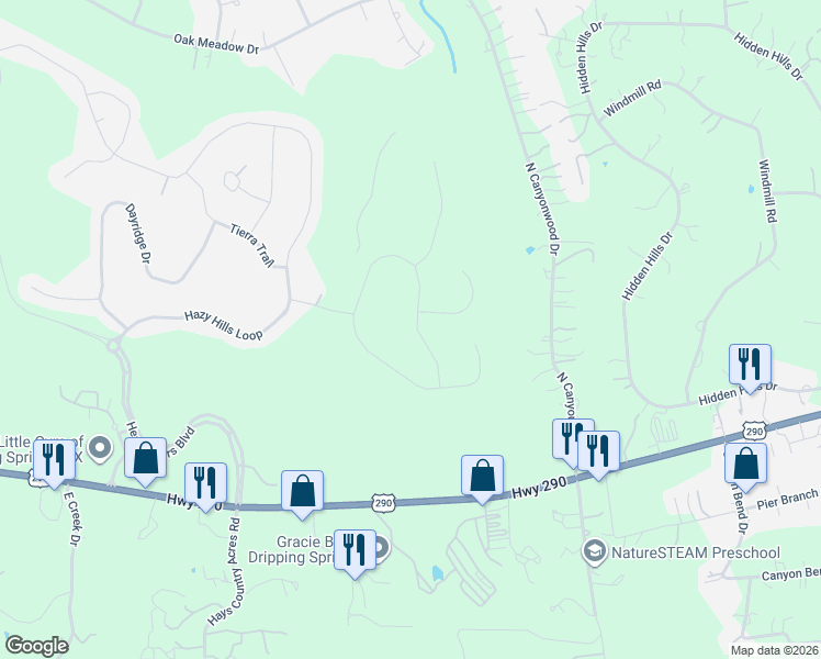 map of restaurants, bars, coffee shops, grocery stores, and more near 253 Iron Willow Loop in Dripping Springs