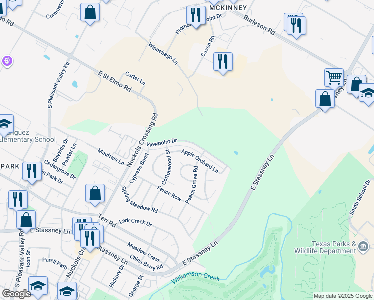 map of restaurants, bars, coffee shops, grocery stores, and more near 5401 Apple Orchard Lane in Austin