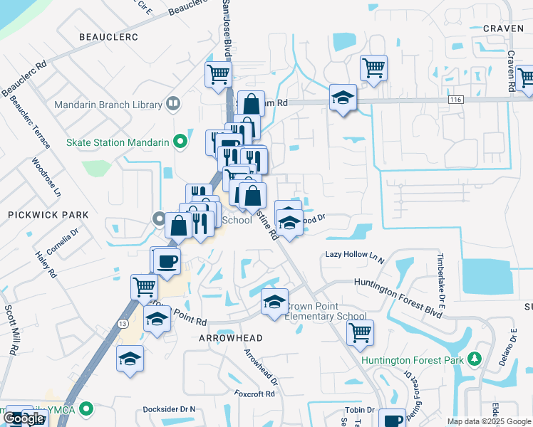 map of restaurants, bars, coffee shops, grocery stores, and more near 9766 Old Saint Augustine Road in Jacksonville