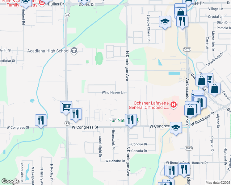 map of restaurants, bars, coffee shops, grocery stores, and more near 198 Wind Haven Lane in Lafayette