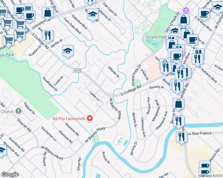 map of restaurants, bars, coffee shops, grocery stores, and more near 1105 South College Road in Lafayette