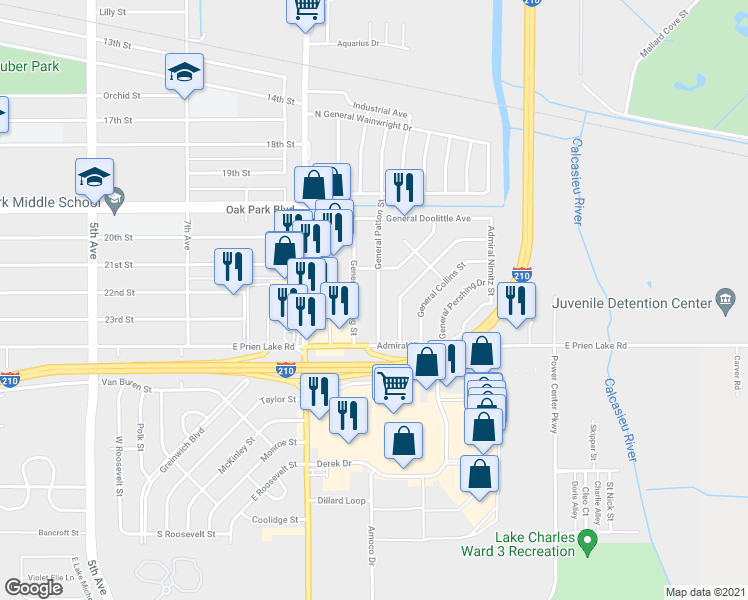 map of restaurants, bars, coffee shops, grocery stores, and more near 3030 General Patton Street in Lake Charles