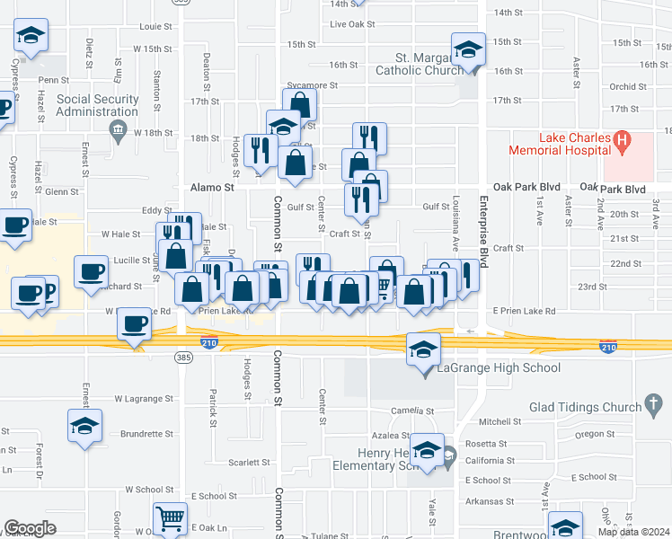 map of restaurants, bars, coffee shops, grocery stores, and more near 717 Dora Street in Lake Charles