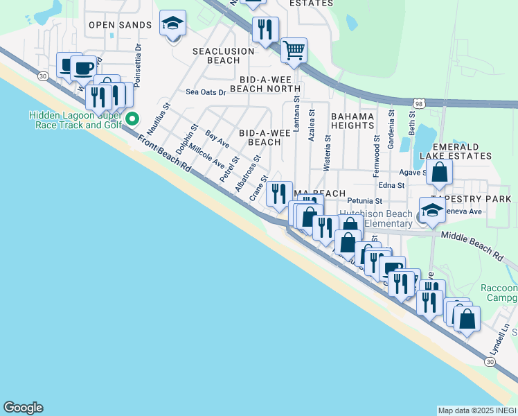 map of restaurants, bars, coffee shops, grocery stores, and more near in Panama City Beach