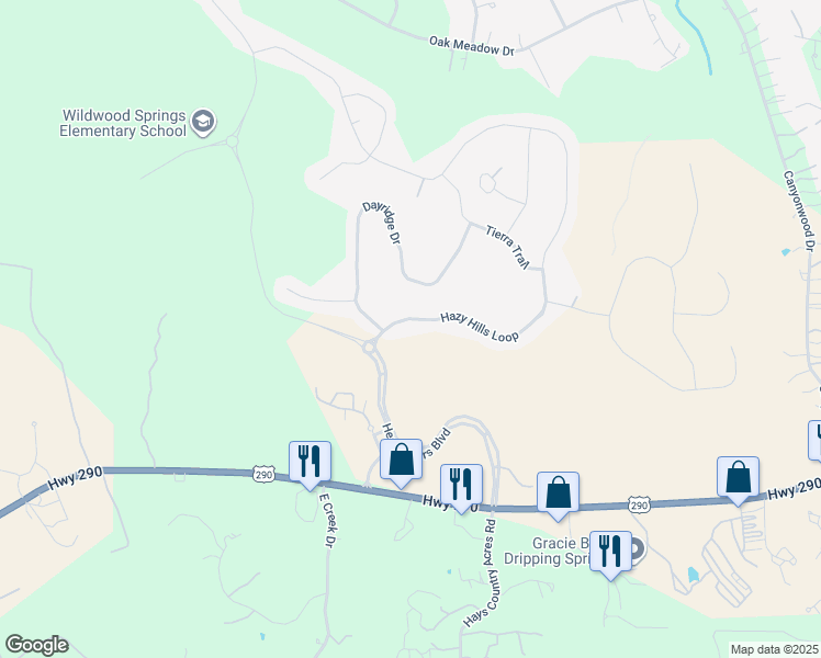 map of restaurants, bars, coffee shops, grocery stores, and more near 248 Hazy Hills Loop in Dripping Springs