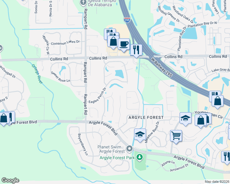 map of restaurants, bars, coffee shops, grocery stores, and more near 8324 Candlewood Cove Trail in Jacksonville