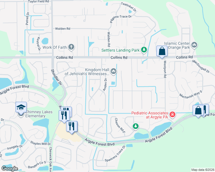 map of restaurants, bars, coffee shops, grocery stores, and more near 8106 Cayuga Trail West in Jacksonville