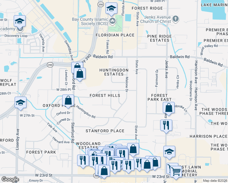 map of restaurants, bars, coffee shops, grocery stores, and more near 2813 Gordon Street in Panama City