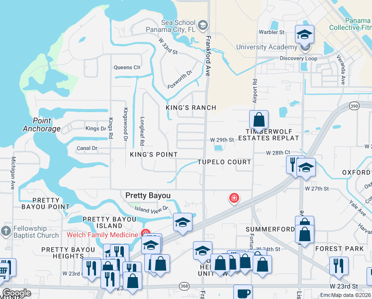 map of restaurants, bars, coffee shops, grocery stores, and more near 2901 Tupelo Dr in Panama City