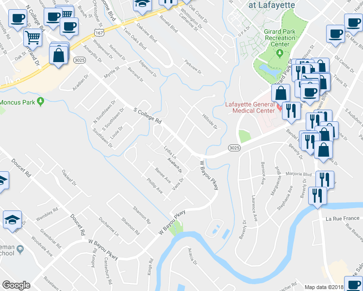 map of restaurants, bars, coffee shops, grocery stores, and more near 1102 South College Road in Lafayette