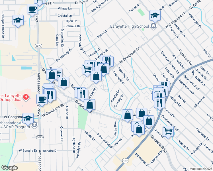 map of restaurants, bars, coffee shops, grocery stores, and more near 100 Winchester Drive in Lafayette