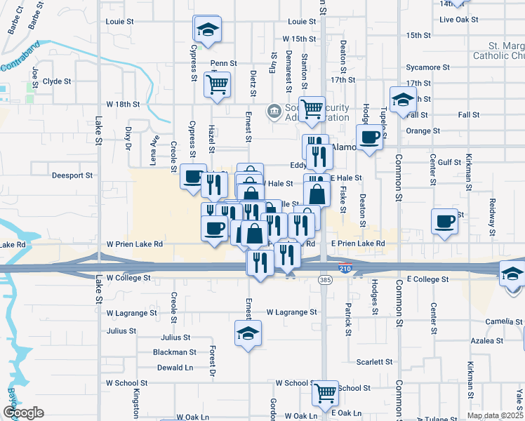 map of restaurants, bars, coffee shops, grocery stores, and more near 222 Richard Street in Lake Charles