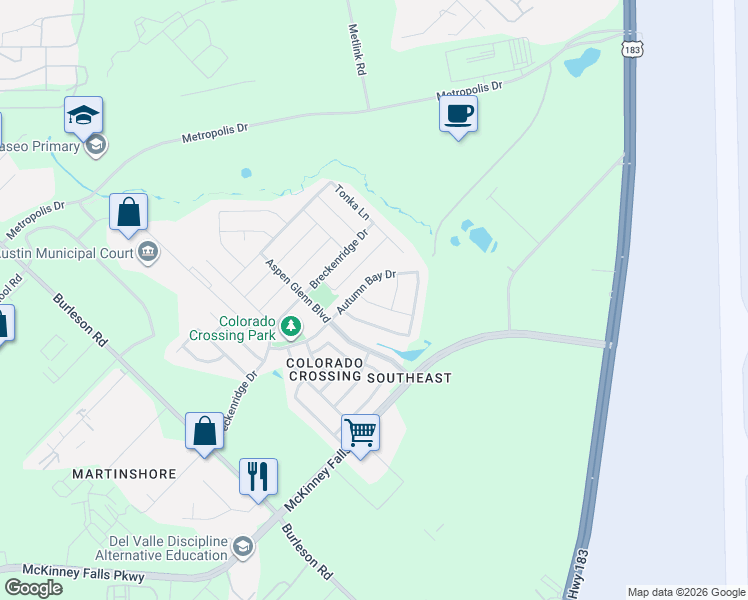 map of restaurants, bars, coffee shops, grocery stores, and more near 7416 Aspen Brook Drive in Austin