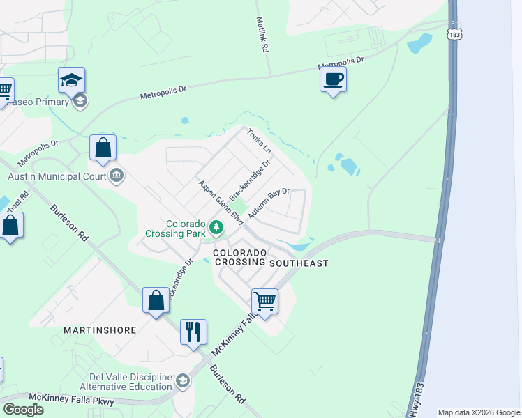 map of restaurants, bars, coffee shops, grocery stores, and more near 7416 Aspen Brook Drive in Austin