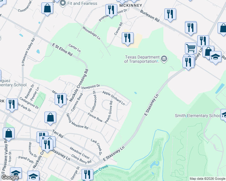 map of restaurants, bars, coffee shops, grocery stores, and more near 5415 Apple Orchard Lane in Austin