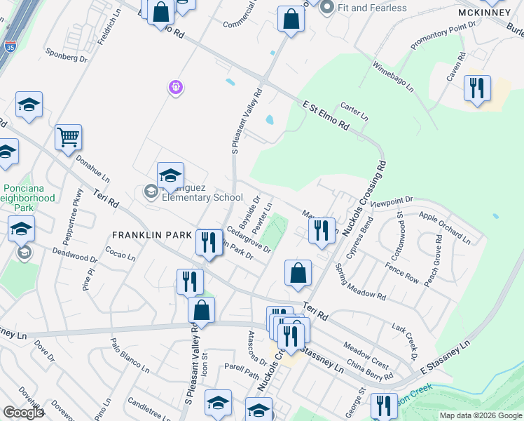 map of restaurants, bars, coffee shops, grocery stores, and more near 4801 Pewter Lane in Austin