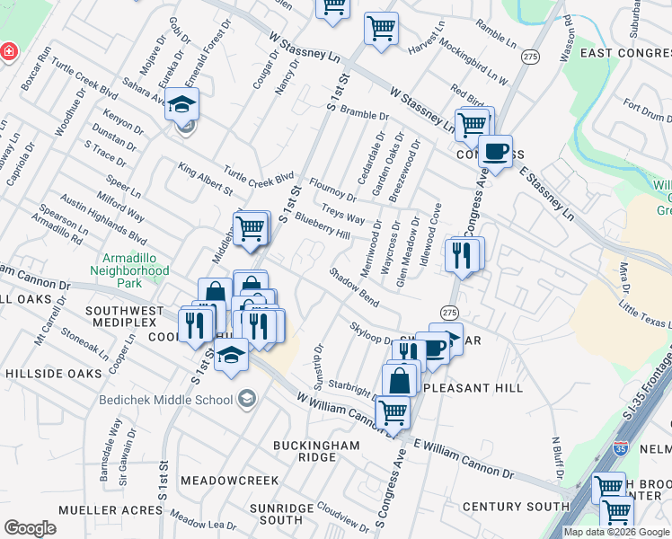 map of restaurants, bars, coffee shops, grocery stores, and more near 6314 Shadow Bend in Austin