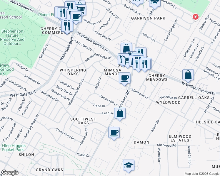 map of restaurants, bars, coffee shops, grocery stores, and more near 2101 Granberry Drive in Austin