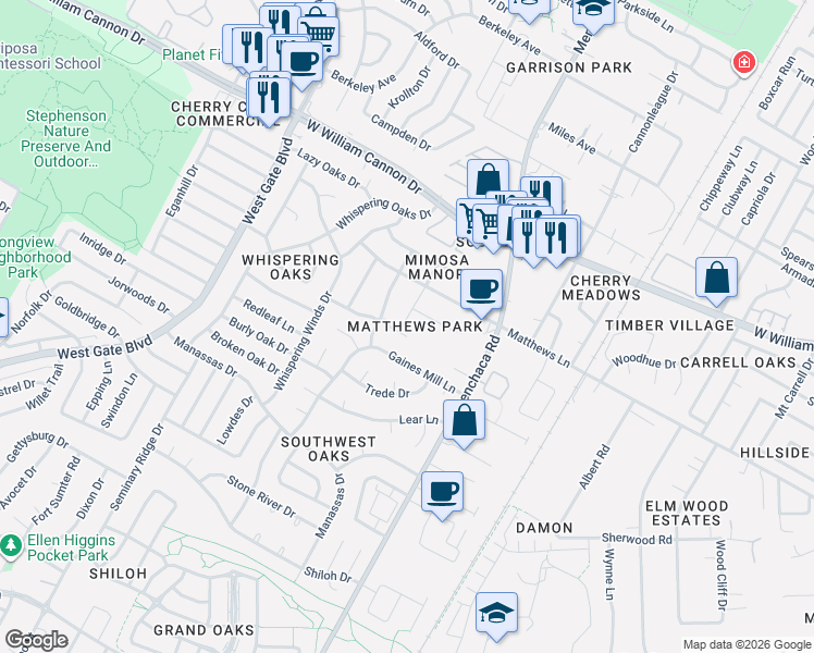 map of restaurants, bars, coffee shops, grocery stores, and more near 2101 Granberry Drive in Austin