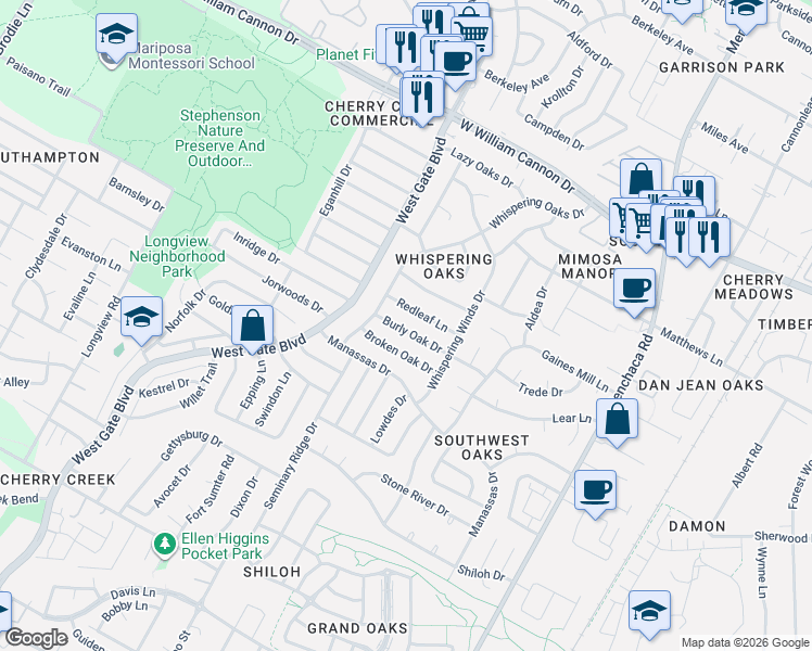map of restaurants, bars, coffee shops, grocery stores, and more near 2500 Burly Oak Drive in Austin