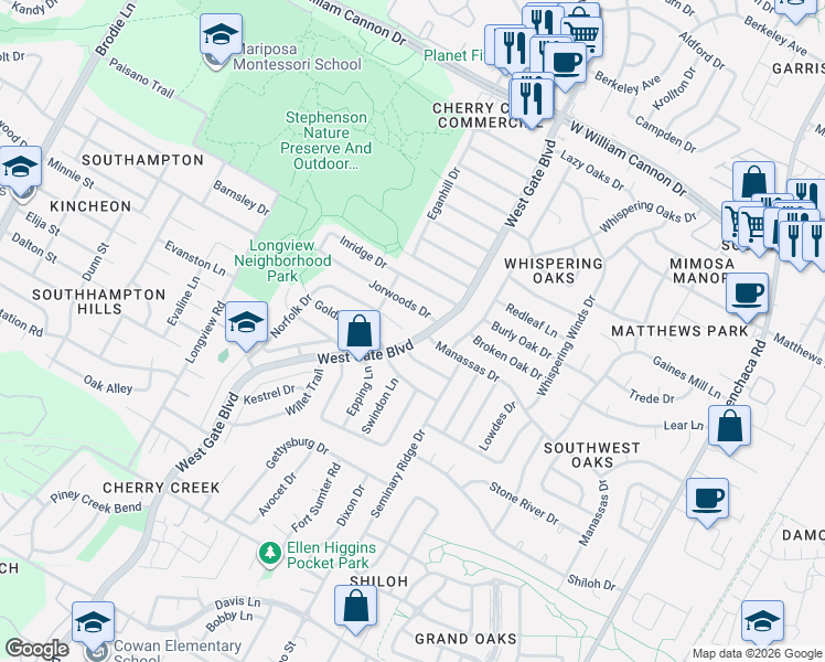 map of restaurants, bars, coffee shops, grocery stores, and more near 2616 Aylesbury Lane in Austin