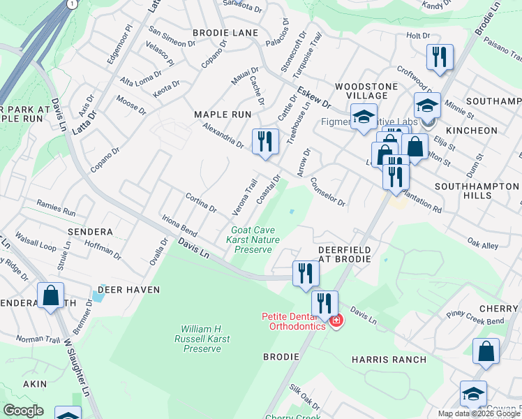 map of restaurants, bars, coffee shops, grocery stores, and more near 8707 Coastal Drive in Austin