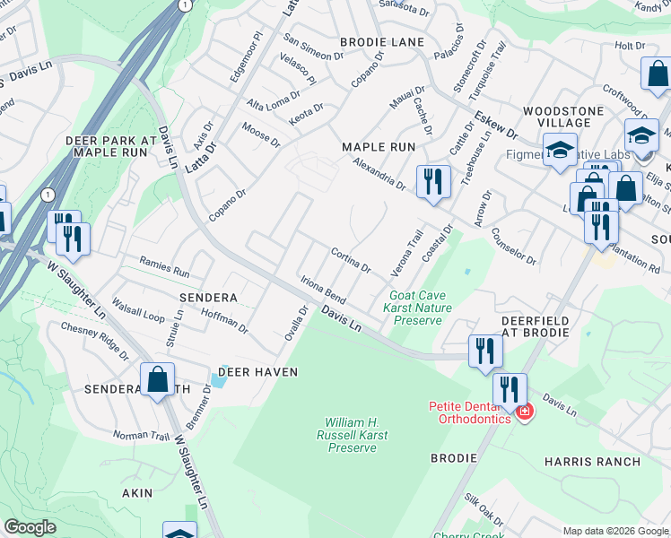 map of restaurants, bars, coffee shops, grocery stores, and more near 8901 Ampezo Trail in Austin